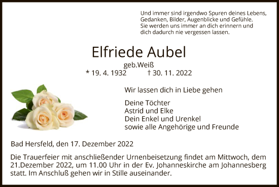 Traueranzeige von Elfriede Aubel von HZ