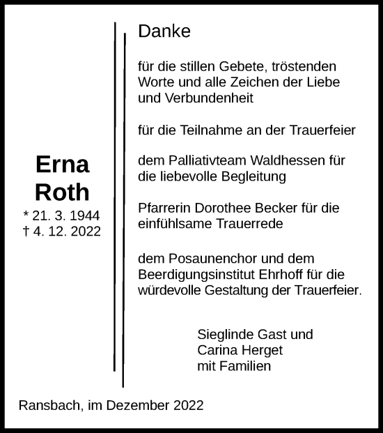 Traueranzeige von Erna Roth von HZ