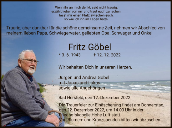 Traueranzeige von Fritz Göbel von HZ