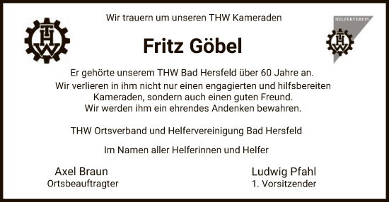 Traueranzeige von Fritz Göbel von HZ
