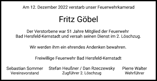 Traueranzeige von Fritz Göbel von HZ