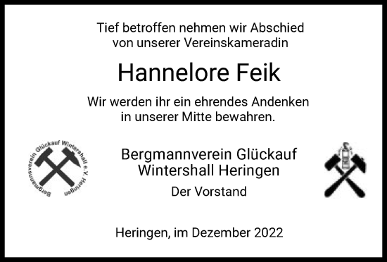 Traueranzeige von Hannelore Feik von HZ