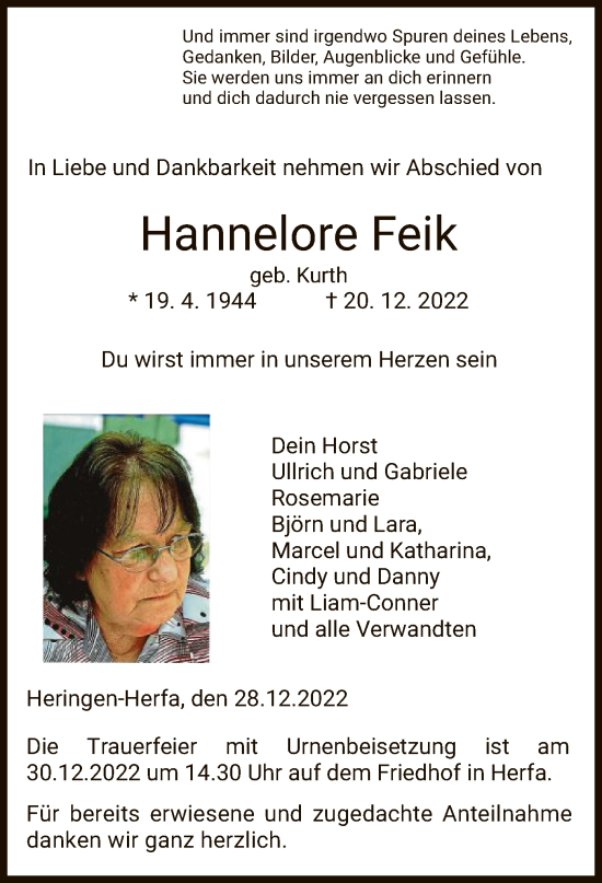 Traueranzeige von Hannelore Feik von HZ