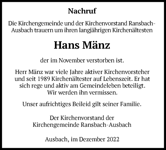 Traueranzeige von Hans Mänz von HZ