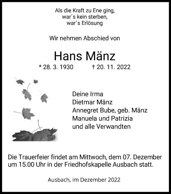 Traueranzeige von Hans Mänz von HZ