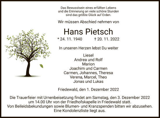 Traueranzeige von Hans Pietsch von HZ