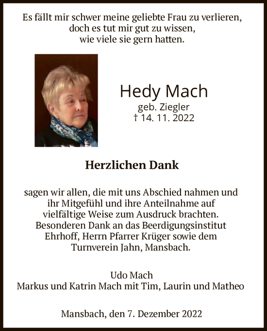 Traueranzeige von Hedy Mach von HZ