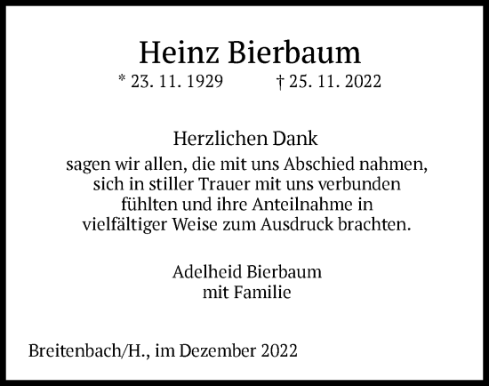 Traueranzeige von Heinz Bierbaum von HZ