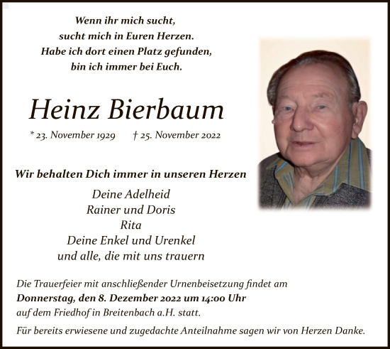 Traueranzeige von Heinz Bierbaum von HZ