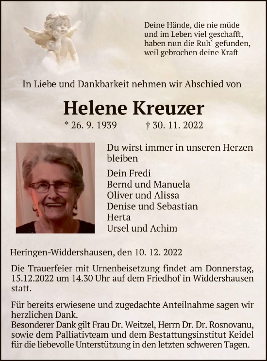 Traueranzeige von Helene Kreuzer von HZ