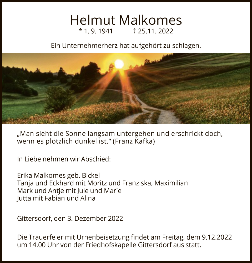  Traueranzeige für Helmut Malkomes vom 03.12.2022 aus HZ