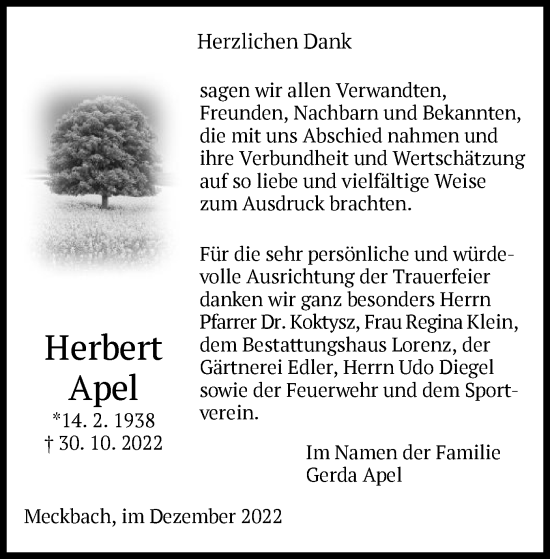 Traueranzeige von Herbert Apel von HZ