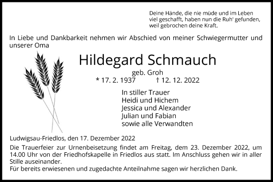 Traueranzeige von Hildegard Schmauch von HZ