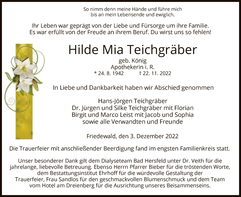  Traueranzeige für Hilde Mia Teichgräber vom 03.12.2022 aus HZ