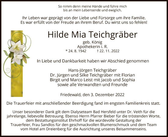 Traueranzeige von Hilde Mia Teichgräber von HZ