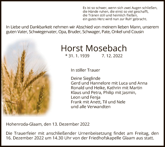 Traueranzeige von Horst Mosebach von HZ