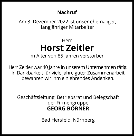 Traueranzeige von Horst Zeitler von HZ