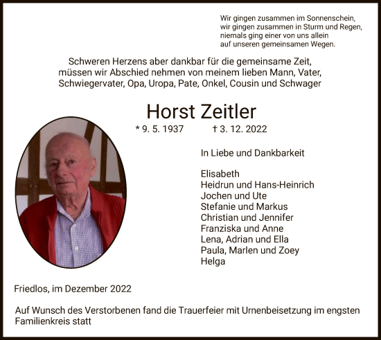 Traueranzeige von Horst Zeitler von HZ