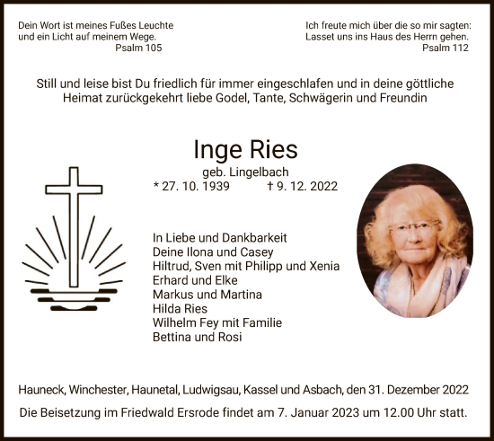 Traueranzeige von Inge Ries von HZ