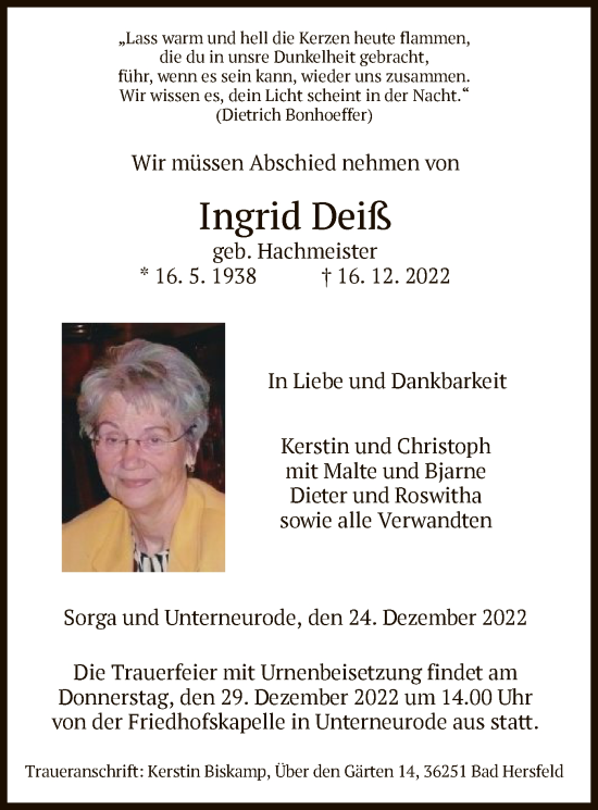 Traueranzeige von Ingrid Deiß von HZ