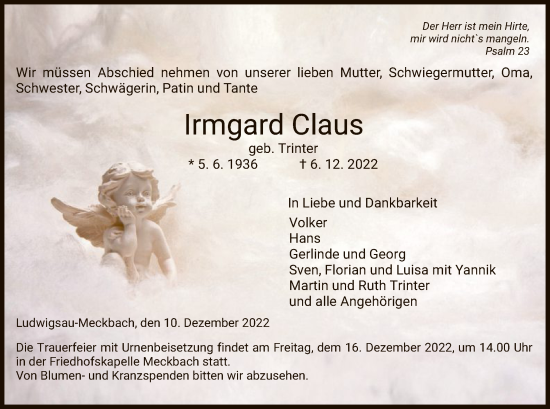 Traueranzeige von Irmgard Claus von HZ