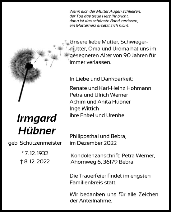 Traueranzeige von Irmgard Hübner von HZ