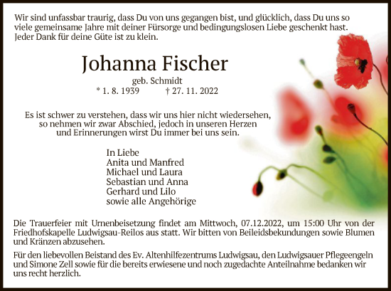 Traueranzeige von Johanna Fischer von HZ