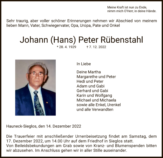 Traueranzeige von Johann Peter Rübenstahl von HZ