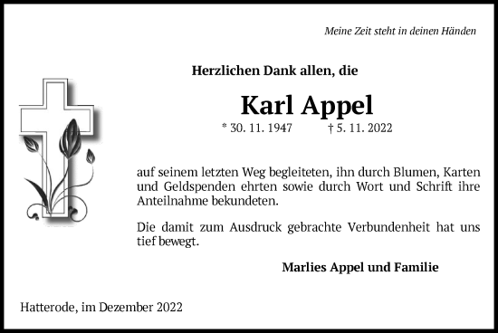 Traueranzeige von Karl Appel von HZ