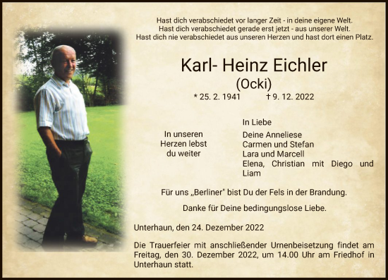 Traueranzeige von Karl-Heinz Eichler von HZ