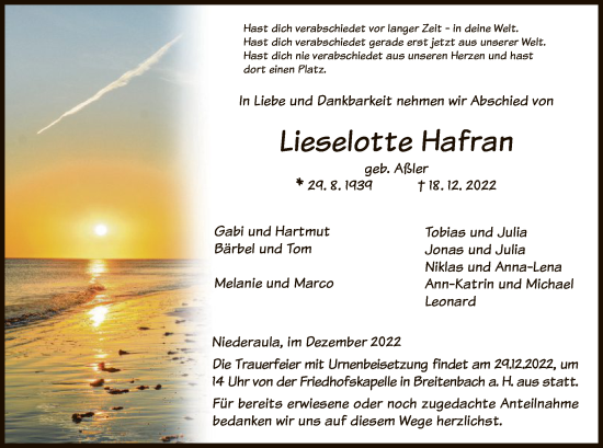 Traueranzeige von Lieselotte Hafran von HZ