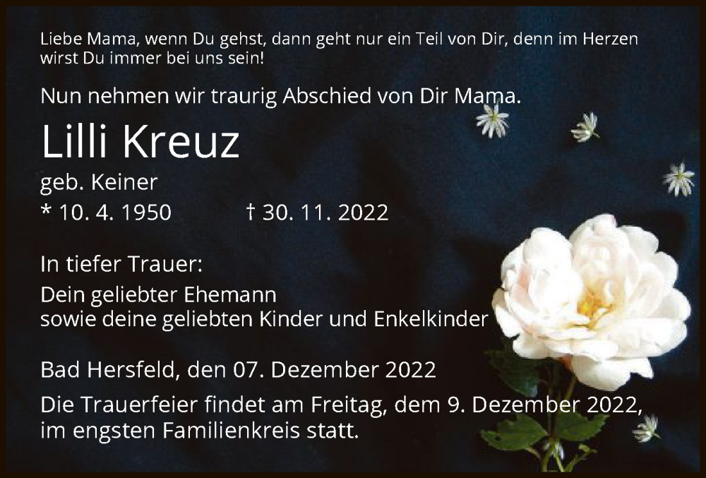  Traueranzeige für Lilli Kreuz vom 07.12.2022 aus HZ