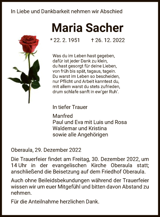 Traueranzeige von Maria Sacher von HNA