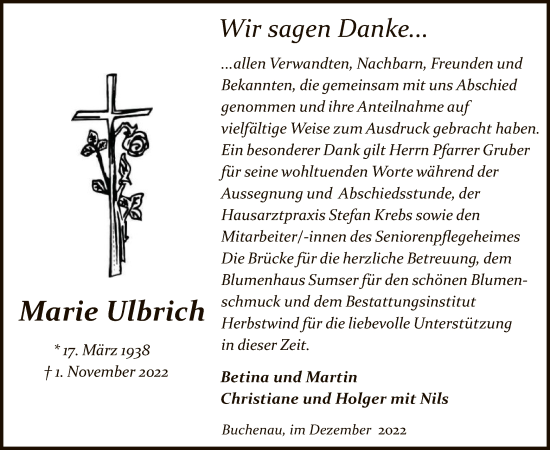 Traueranzeige von Marie Ulbrich von HZ