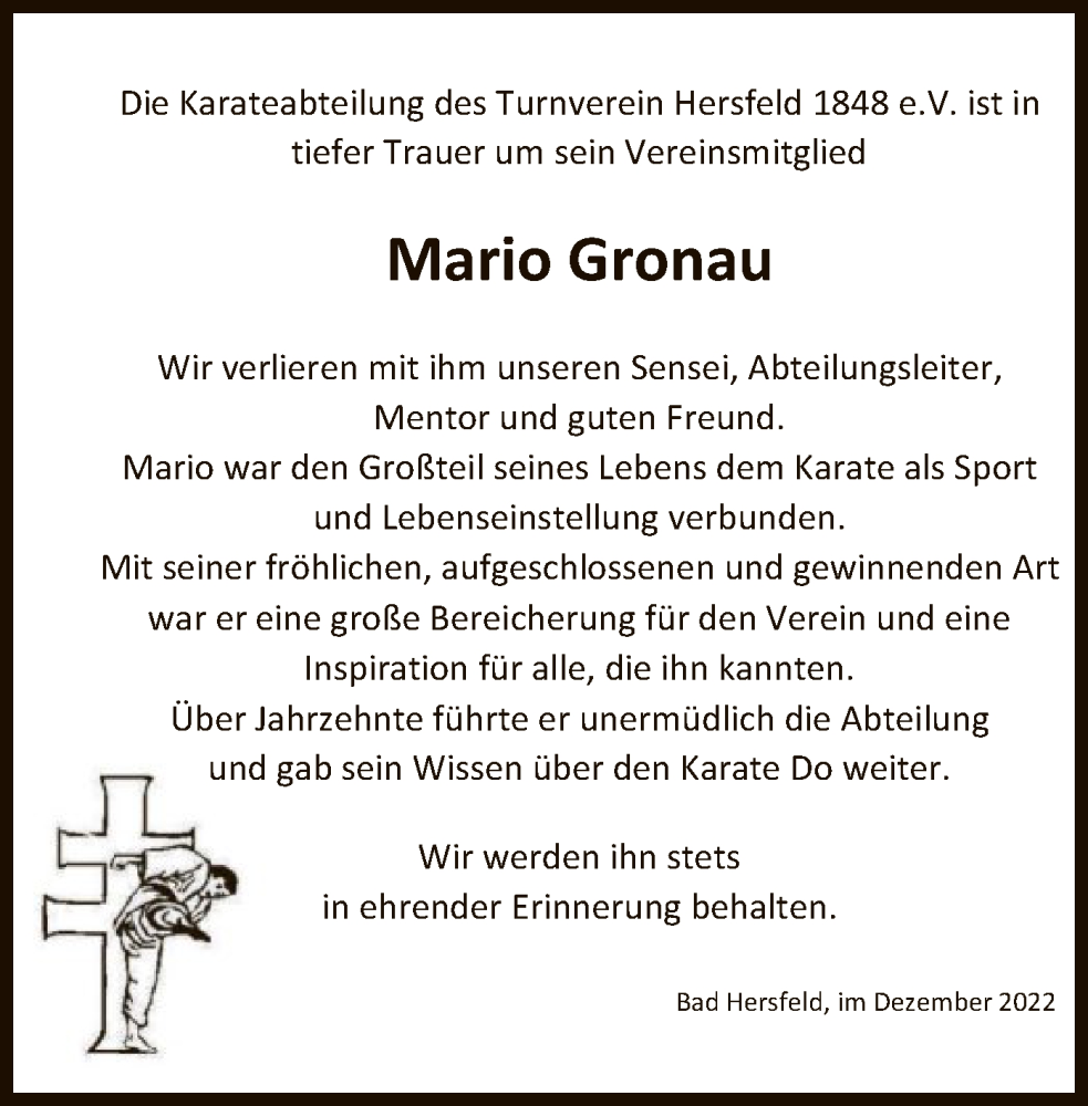  Traueranzeige für Mario Gronau vom 17.12.2022 aus HZ