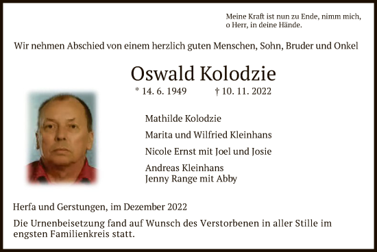 Traueranzeige von Oswald Kolodzie von HZ