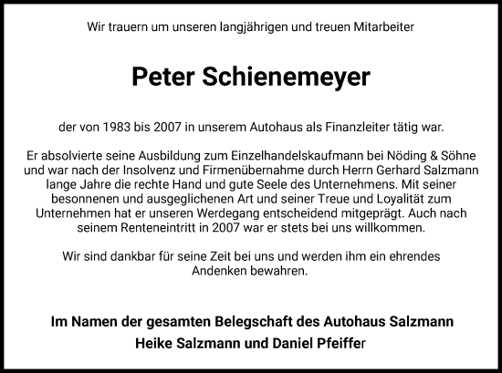 Traueranzeige von Peter Schienemeyer von HZ