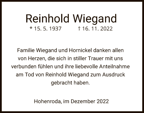 Traueranzeige von Reinhold Wiegand von HZ