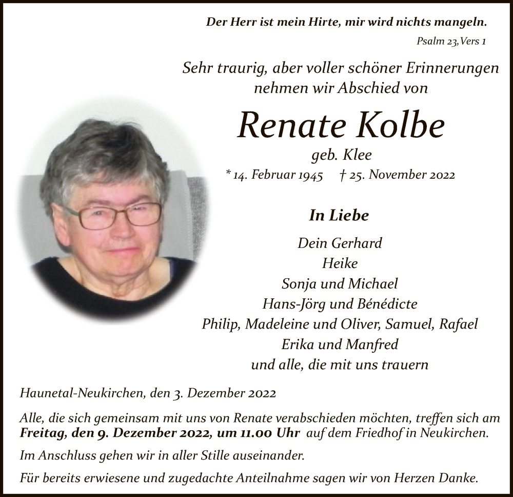  Traueranzeige für Renate Kolbe vom 03.12.2022 aus HZ