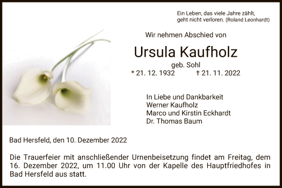 Traueranzeige von Ursula Kaufholz von HZ