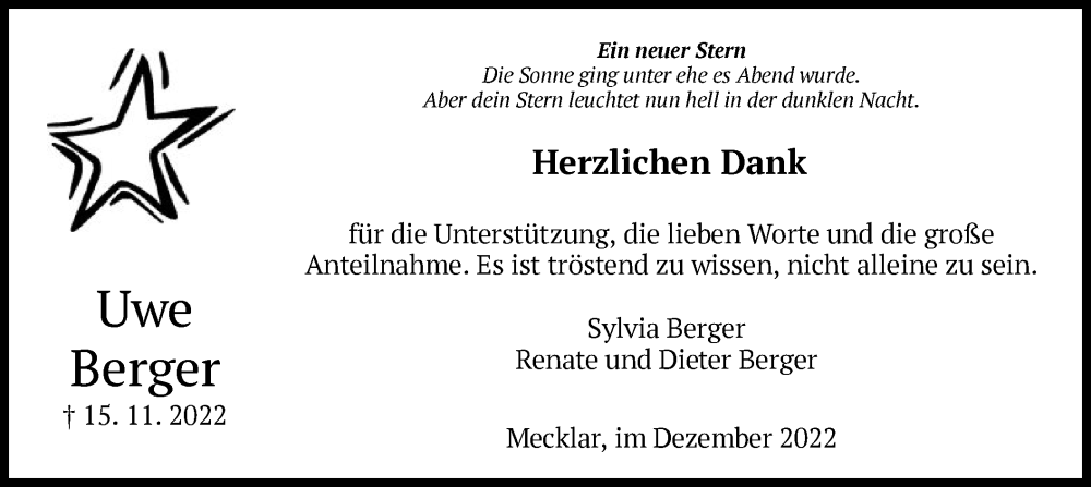  Traueranzeige für Uwe Berger vom 24.12.2022 aus HZ