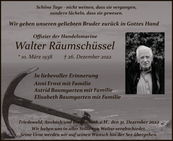 Traueranzeige von Walter Räumschüssel von HZ