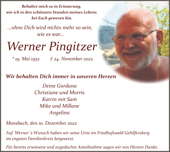 Traueranzeige von Werner Pingitzer von HZ