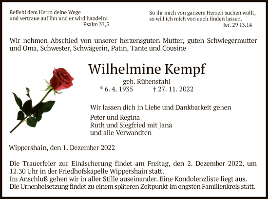 Traueranzeige von Wilhelmine Kempf von HZ