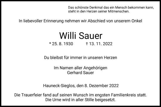 Traueranzeige von Willi Sauer von HZ