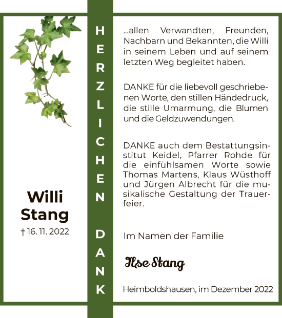 Traueranzeige von Willi Stang von HZ