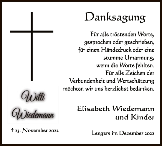 Traueranzeige von Willi Wiedemann von HZ