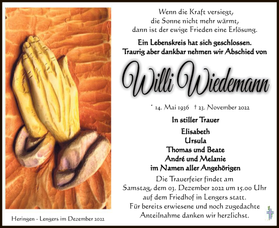 Traueranzeige von Willi Wiedemann von HZ