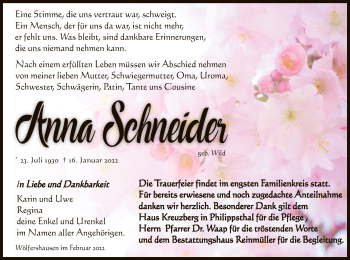 Traueranzeige von Anna Schneider von HZ