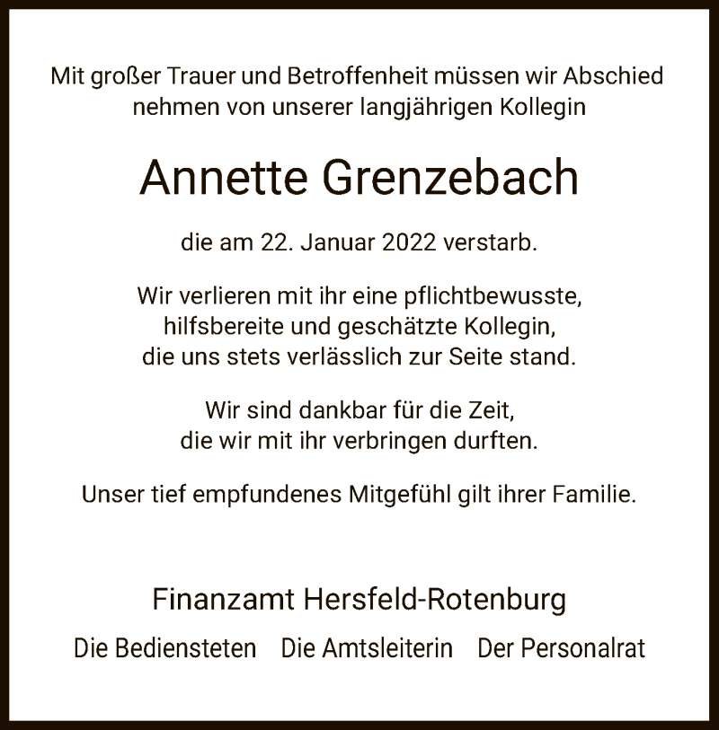  Traueranzeige für Annette Grenzebach vom 02.02.2022 aus HZ